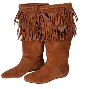 Gianni Bini rust suede tall slouchy knee high fringed boots 1" wedges 7.5